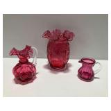 (3) Cranberry Glass Pitchers and Vase