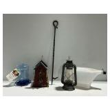 Lantern, Birdhouse, Fire Poker, and Water Dispenser