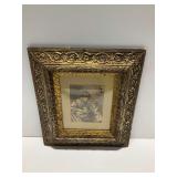 Framed Black and White Engraving Print of Woman and Child with Dog