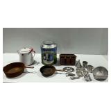 (2) Cast Iron Skillets, Enamelware, and Other Kitchenware