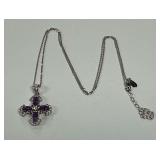 Sterling Silver Cross Pendant Necklace with Purple and Clear Stones