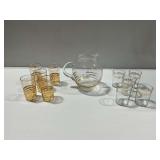 Glass Pitcher and Drinking Glasses with Gold Tone Accents