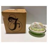Fenton Glass Hand Painted Resting Rabbit Covered Dish with Box