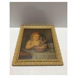 Framed Artwork Depicting Young Girl and Cat