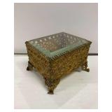 Ornate Gilt Metal and Beveled Glass Casket Box...bent foot