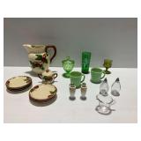 Glass and Pottery with Franciscan Ware and Vaseline Green Glass Candy Dish