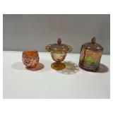 (3) Carnival Glass Vessels with Floral and Grape Motifs