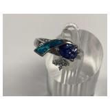 Sterling Silver Blue Stone and Inlay Ring, Size 6.5