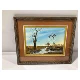 Framed Watercolor Painting Depicting Ducks in Marshland Landscape