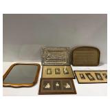 Mirror, Framed Photographs, Frame with Applied Flowers, and Silverplate Last Supper Scene