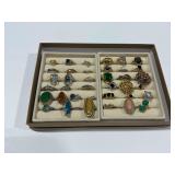 (37) Costume Rings with Various Colored Stones in Display Tray