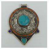 Middle Eastern Metal Pendant with Turquoise and Coral Inlay