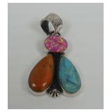 Sterling Silver Multi Stone Pendant with Turquoise, Orange Stone, and Pink Opal