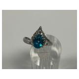 Sterling Silver Ring with Pear-Shaped Blue Gemstone and Accent Stones...Size 7