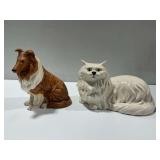(2) Ceramic Animal Figurines... White Cat and Collie Dog