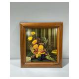 Framed Still Life Print with Floral and Fruit Arrangement
