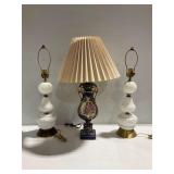 Pair of Hobnail Milk Glass Lamps (need shades) and Hand Painted Porcelain Lamp with Fluted Shade