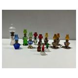 (13) Miniature Oil Lamps with Colored Glass and Metal Burners