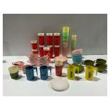 Mid Century Melamine Dinnerware Set Including Walt Kelly Character Mugs and Atomic Starburst Motifs