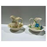 (2) Ceramic Pitcher and Bowl Sets with Hand-Painted Floral Motifs