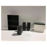 Coleman Cooler, Altec Lansing Speakers, Laserline Media Storage, and Cylinder Lamp