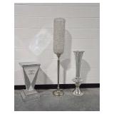 (3) Silver Tone Decorator Items Including Pedestal Stand