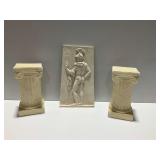 3-Piece Cast Plaster Decor Set with Columns and Figural Wall Plaque