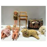 Vintage Mattel Dolls, Wooden Doll Highchair, Plush Animals, and Carry Bag