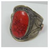 Tibetan Silver Cuff Bracelet with Red Stones