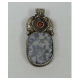 Tibetan Silver Pendant with Gray Druzy and Red Stone