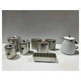 Vintage West Bend Aluminum Canisters, Wear-Ever Triangular Thermowell Pans with Lids,  Ice Cube Tray, and Enamelware Coffee Pot