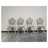 (4) Rococo Style Dining Chairs with Silver Painted Wooden Frames and Patterned Fabric Upholstery...some damage and stains
