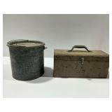 Metal Tackle Box, Fishing Lures, and Galvanized Bait Bucket