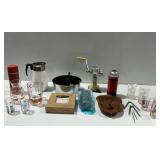 Rival Grinder, Nutcrackers, Corning Ware Percolator, Glassware, and Other Kitchen Items