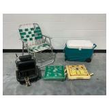 Outdoor Recreational Items: Cooler, Lawn Chair, Boat Seat, and Cushions
