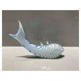Art Glass Fish Sculpture with Blue and White Pulled Feather Design