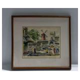 Framed Mid Century G. Lelong Watercolor Print Depicting Moulin Rouge in Paris