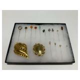 Vintage Stick Pins and Scarf Clips Displayed in Box