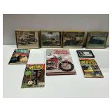 Framed Automotive Prints and Comic Books with Harley Davidson Book