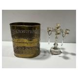 Brass Wastebasket and Silver-Tone Candelabra