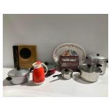 Stainless Steel Pans, Marble Cheese Slicer, Pampered Chef Round Stone, Serving Platter, and Other Kitchenware