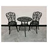 Metal Bistro Set with Table and Pair of Chairs...(1) chair needs back tightened; (1) chair needs hardware to attach back properly