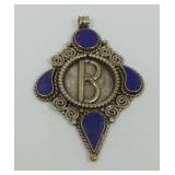 Tibetan Silver Pendant with Letter B and Blue Stones