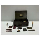 Vintage Metal Box with Pocket Knives and Tools
