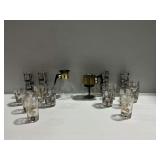 (2) Glass Carafes, MCM Lowball Tumblers with Instrument Graphics, and Colonial Homestead Highball Glasses
