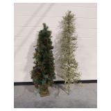 (2) Artificial Christmas Trees with Lights and Decor