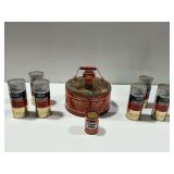 Funnelet Filler Gasoline Can, (6) Lubricant Cans, and Wynn's Top Oil Can