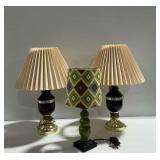 Olive Green Table Lamp with Patterned Fabric Drum Shade and Pair of Table Lamps with Pleated Shades ... all work