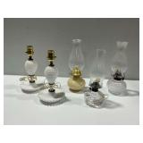 Pair of Hobnail Milk Glass Electric Lamps and (3) Oil Lamps... corded lamps work/need shades