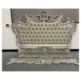 Ornately Carved King Size Wooden Bed Frame with Upholstered Headboard